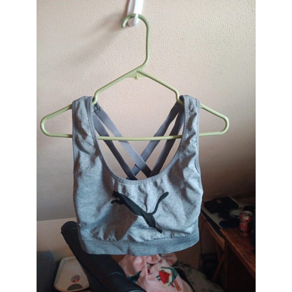 gray puma drycell seamless sports bra cross-back straps black puma logo